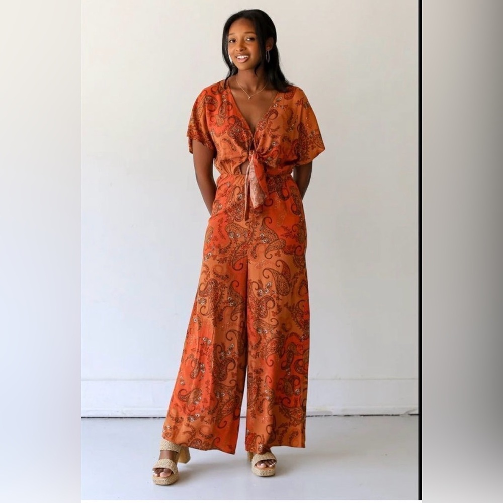 Lush Rust Paisley Tie Knot Jumpsuit